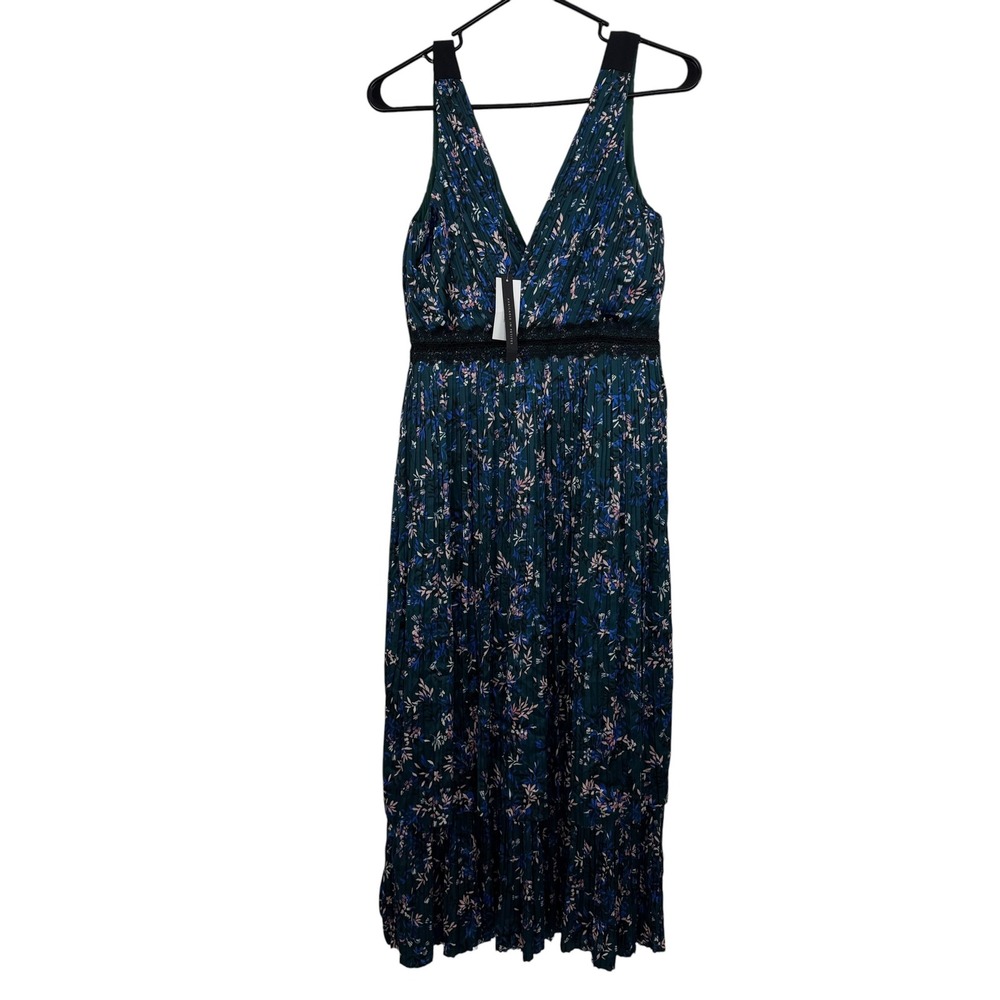 Banana Republic Dress Womens 2 Green Floral Pleated Lace Trim Midi V Neck Tiered